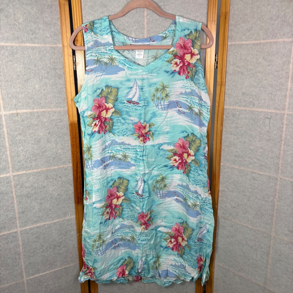 Peppermint Bay Tropical Sailboat‎ Dress Large Blue Rayon Sleeveless Hawaiian